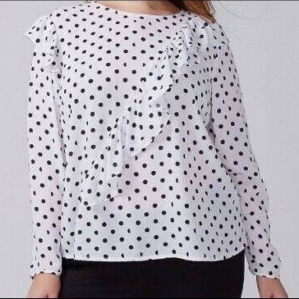 Lane BRYANT white and black polka dot blouse, with ruffle size 24
